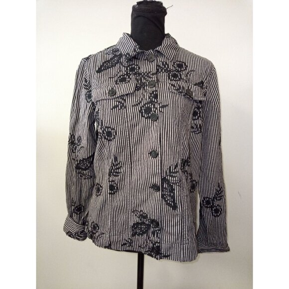 Charter Club Women's Black and White Floral Button Down Shirt Size Medium - Picture 1 of 6